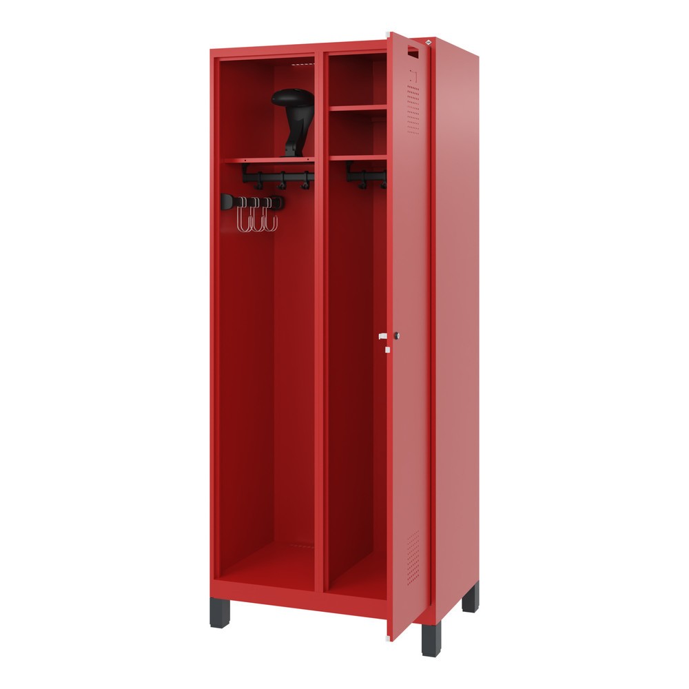 C+P Feuerwehrspind KOMBI, Füsse, 1 Abteil, HxBxT 1.850 x 800 x 500 mm, feuerrot, mit Helmhalter
