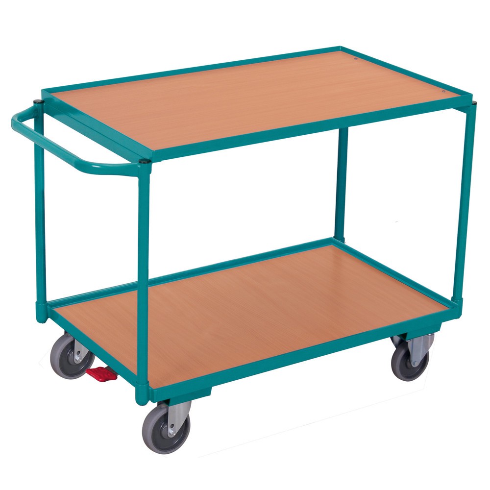 Tischwagen Ameise®, waagerechter Bügel, 2 Etagen à 850 x 500 mm, TK 250 kg, mit Zentralbremse