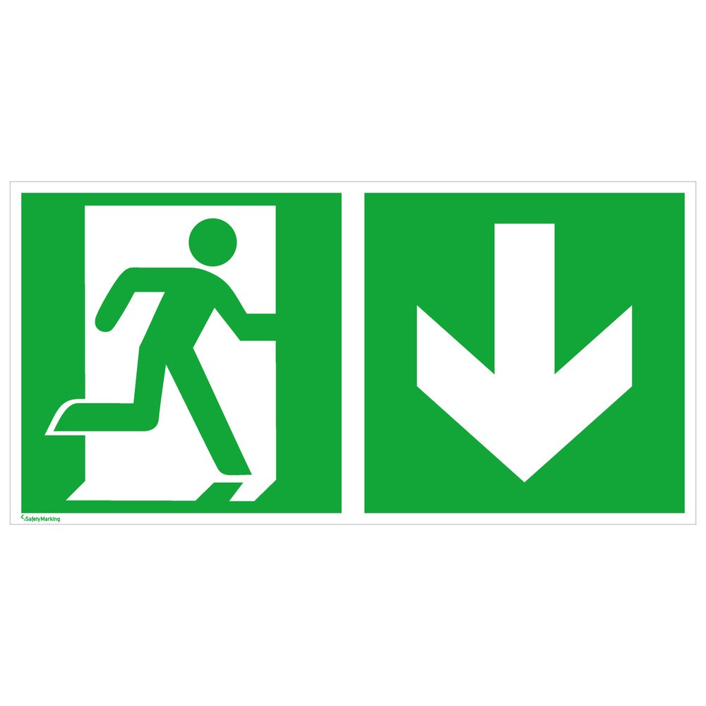 SafetyMarking® Notausgang rechts, Pfeil abwärts, HxB 200 x 400 mm, Alu HI