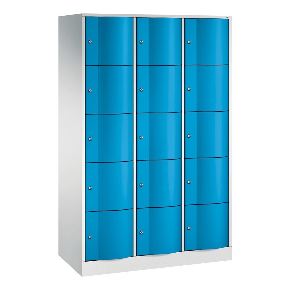 C+P Schliessfachschrank mit 'rabaukensicheren' Türen, 3 x 5 Fächer, HxBxT 1.950 x 1.150 x 540 mm, lichtgrau, lichtblau
