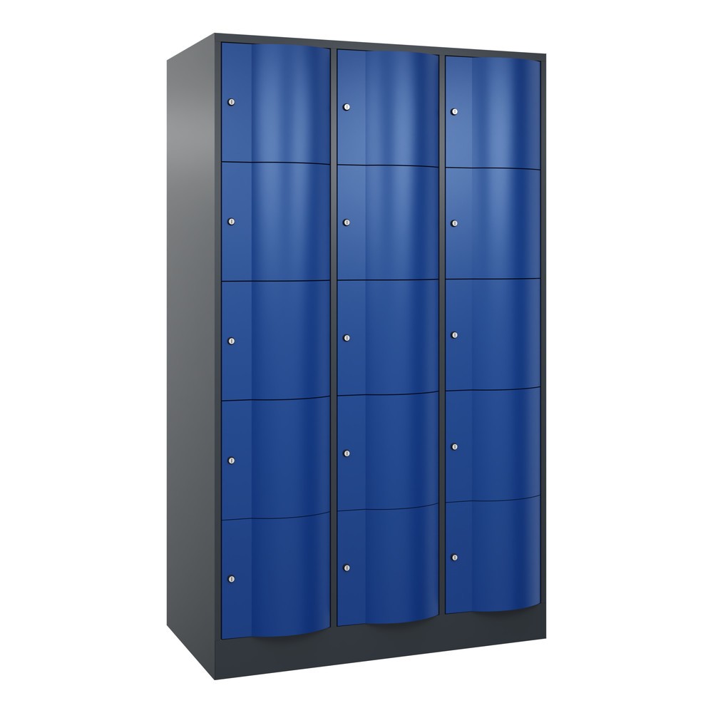 C+P Schliessfachschrank mit 'rabaukensicheren' Türen, 3 x 5 Fächer, HxBxT 1.950 x 1.150 x 640 mm, anthrazitgrau, enzianblau