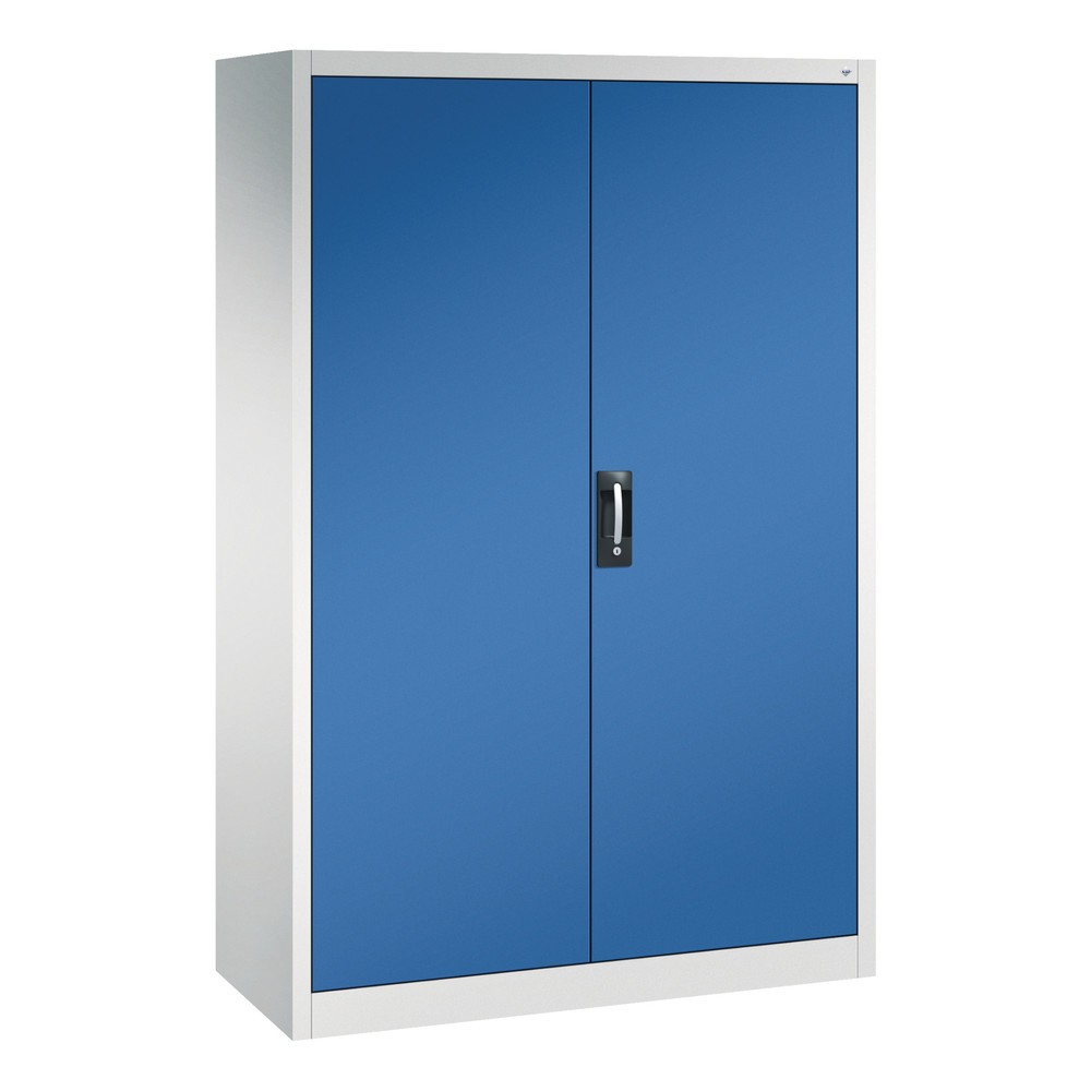 C+P Werkstatt-Flügeltürschrank mit Mittelwand + 8 Fachböden, HxBxT 1.950 x 1.200 x 500 mm, lichtgrau, enzianblau