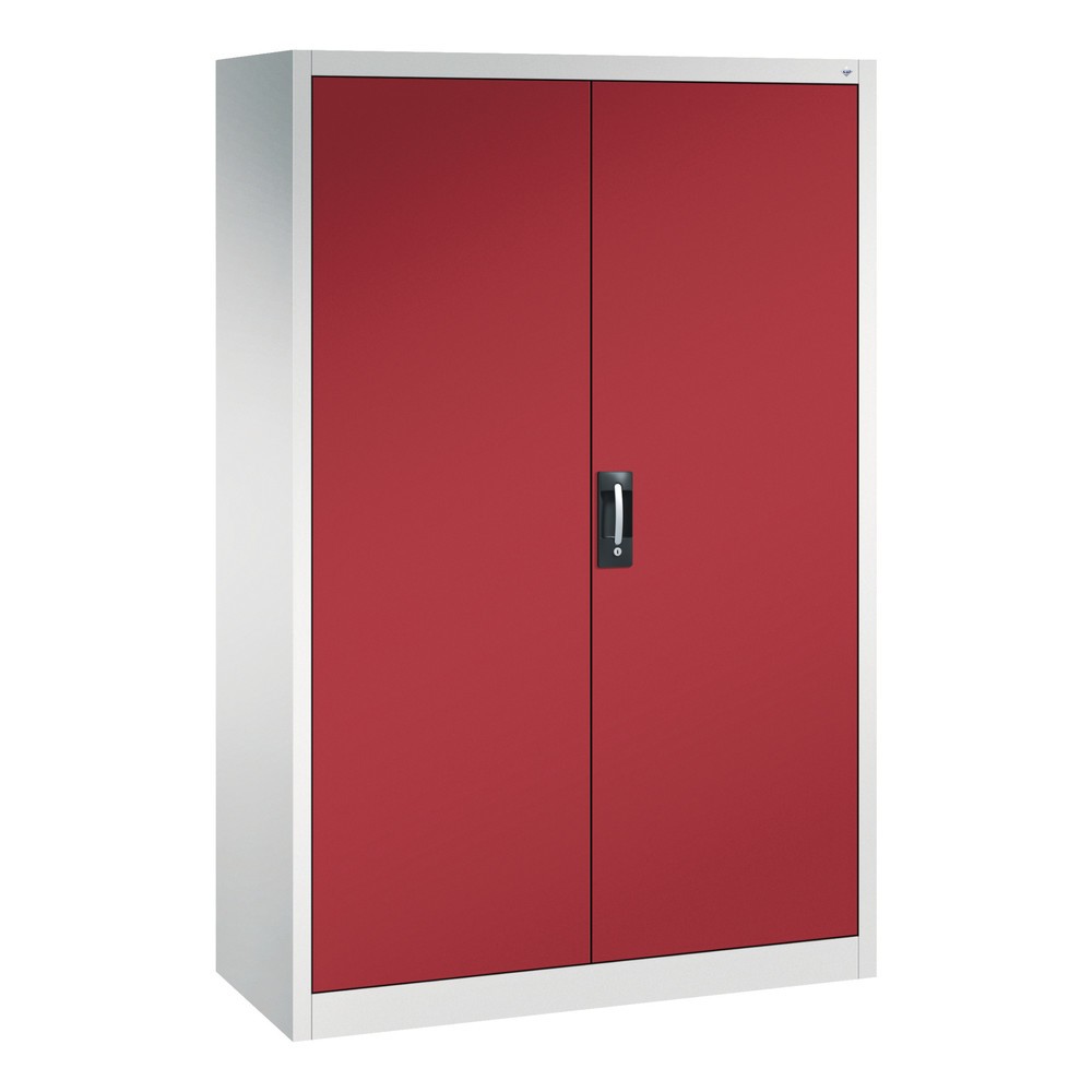 C+P Werkstatt-Flügeltürschrank mit Mittelwand + 8 Fachböden, HxBxT 1.950 x 1.200 x 500 mm, lichtgrau, rubinrot