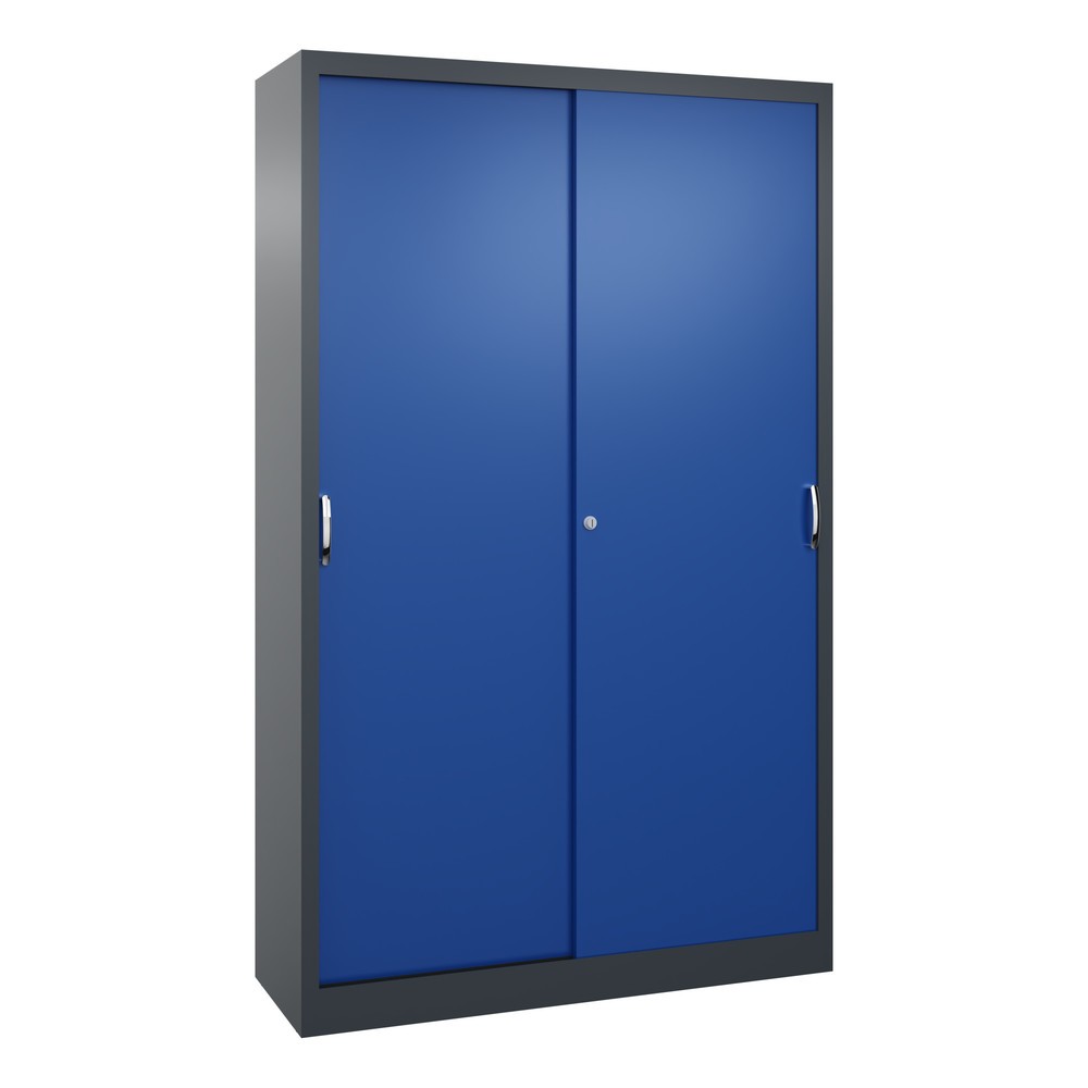 C+P Werkstatt-Schiebetürenschrank mit 4 Fachböden, HxBxT 1.950 x 1.200 x 400 mm, anthrazitgrau, enzianblau