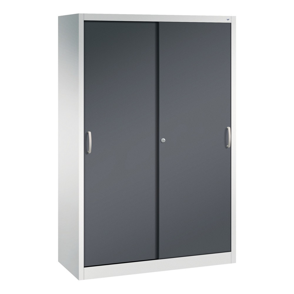 C+P Werkstatt-Schiebetürenschrank mit 4 Fachböden, HxBxT 1.950 x 1.200 x 500 mm, lichtgrau, schwarzgrau