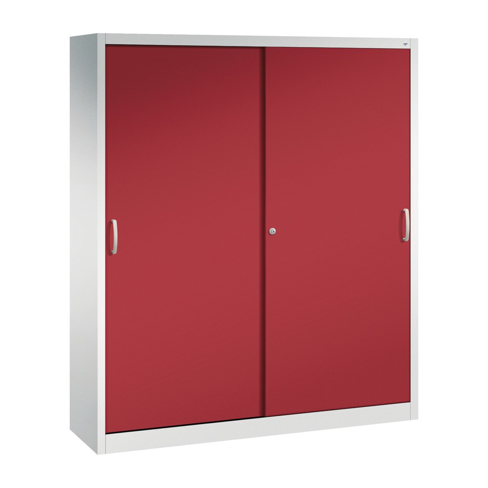 C+P Werkstatt-Schiebetürenschrank mit 8 Fachböden, HxBxT 1.950 x 1.600 x 400 mm, Trennwand, lichtgrau, rubinrot