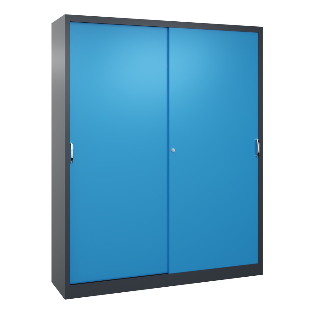 C+P Werkstatt-Schiebetürenschrank mit 8 Fachböden, HxBxT 1.950 x 1.600 x 400 mm, Trennwand, anthrazitgrau, lichtblau