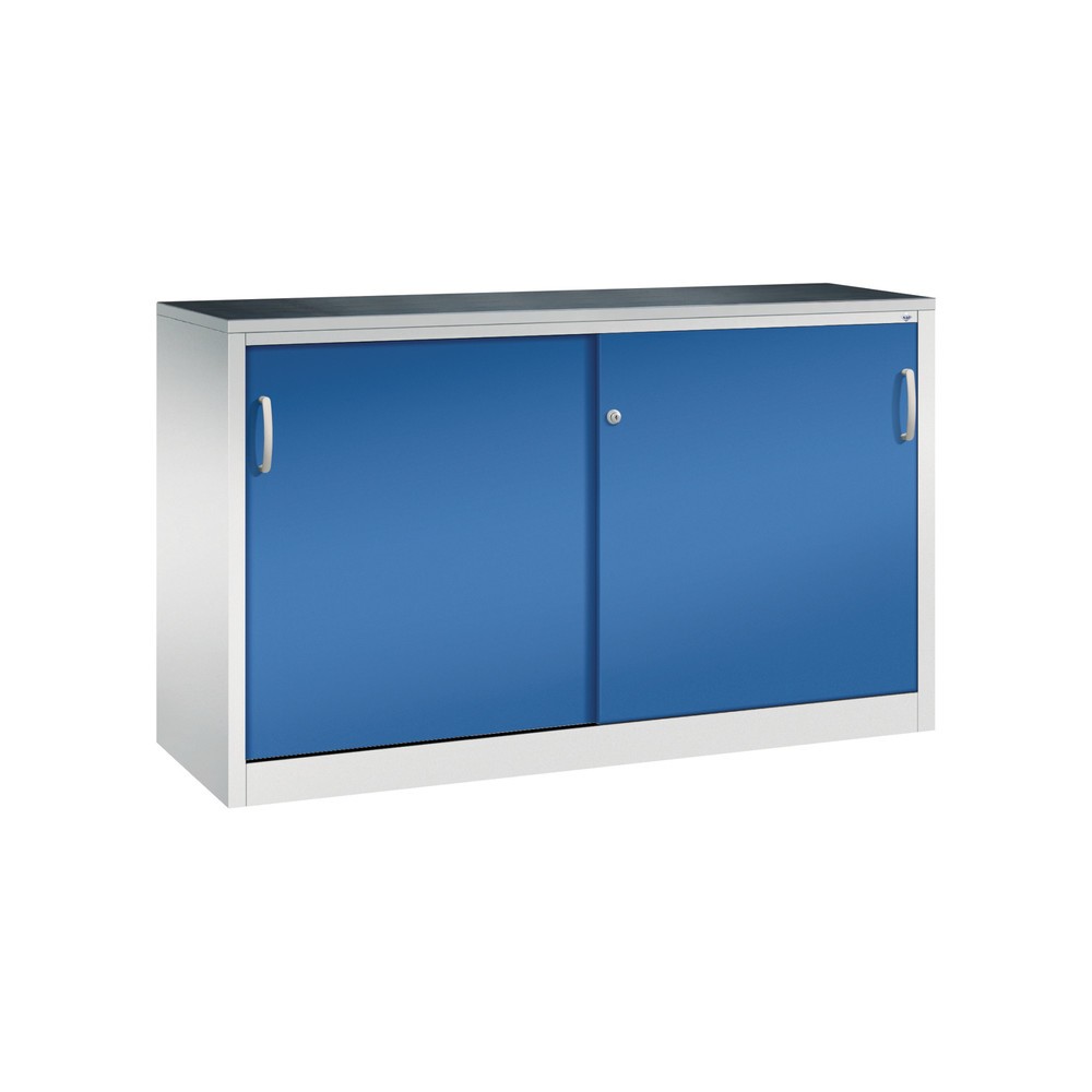 C+P Schwerlast-Schiebetürenschrank, HxBxT 1.000 x 1.600 x 500 mm, 2 Fachböden, lichtgrau, enzianblau