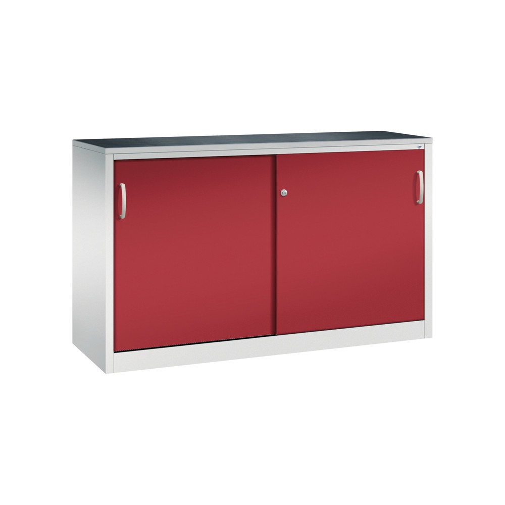 C+P Schwerlast-Schiebetürenschrank, HxBxT 1.000 x 1.600 x 500 mm, 2 Fachböden, lichtgrau, rubinrot