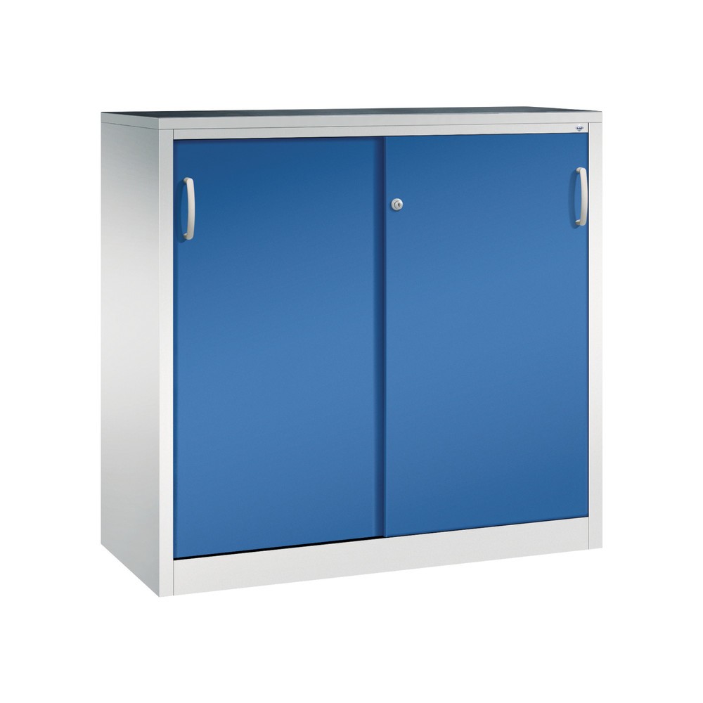 C+P Schwerlast-Schiebetürenschrank, HxBxT 1.200 x 1.200 x 500 mm, 2 Fachböden, lichtgrau, enzianblau