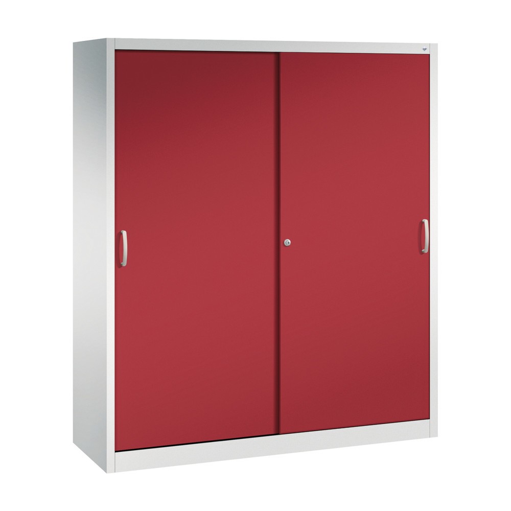 C+P Schwerlast-Schiebetürenschrank, HxBxT 1.950 x 1.600 x 500 mm, 8 Fachböden, lichtgrau, rubinrot