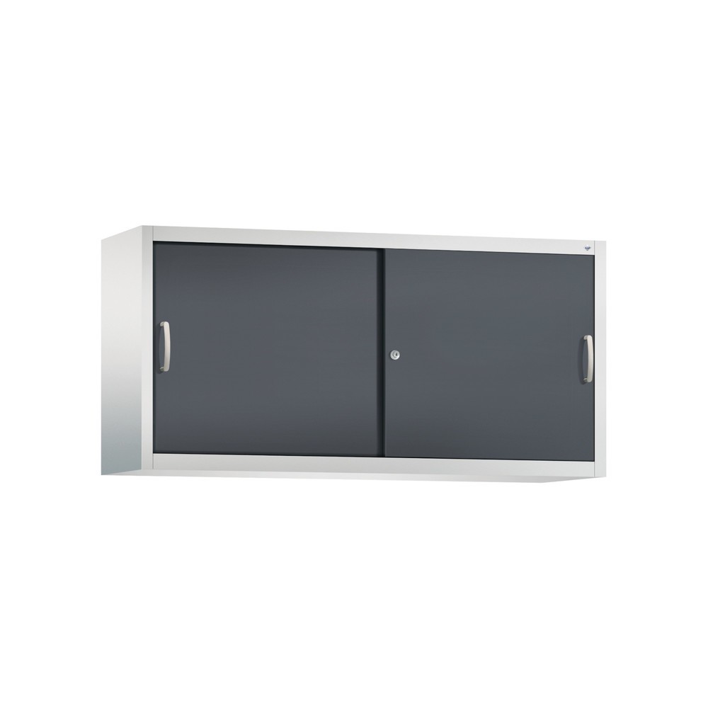 Aufsatzschrank für C+P Werkstatt-Schiebetürenschrank, 2 Fachböden, HxBxT 790 x 1.600 x 400 mm, Trennwand, lichtgrau, schwarzgrau