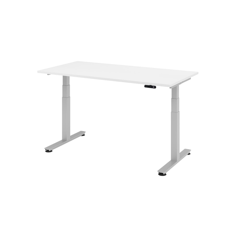 Hammerbacher Schreibtisch, T-Fuß, elektrisch höhenverstellbar 2-stufig, BxT 1.600 x 800 mm, weiß, silber