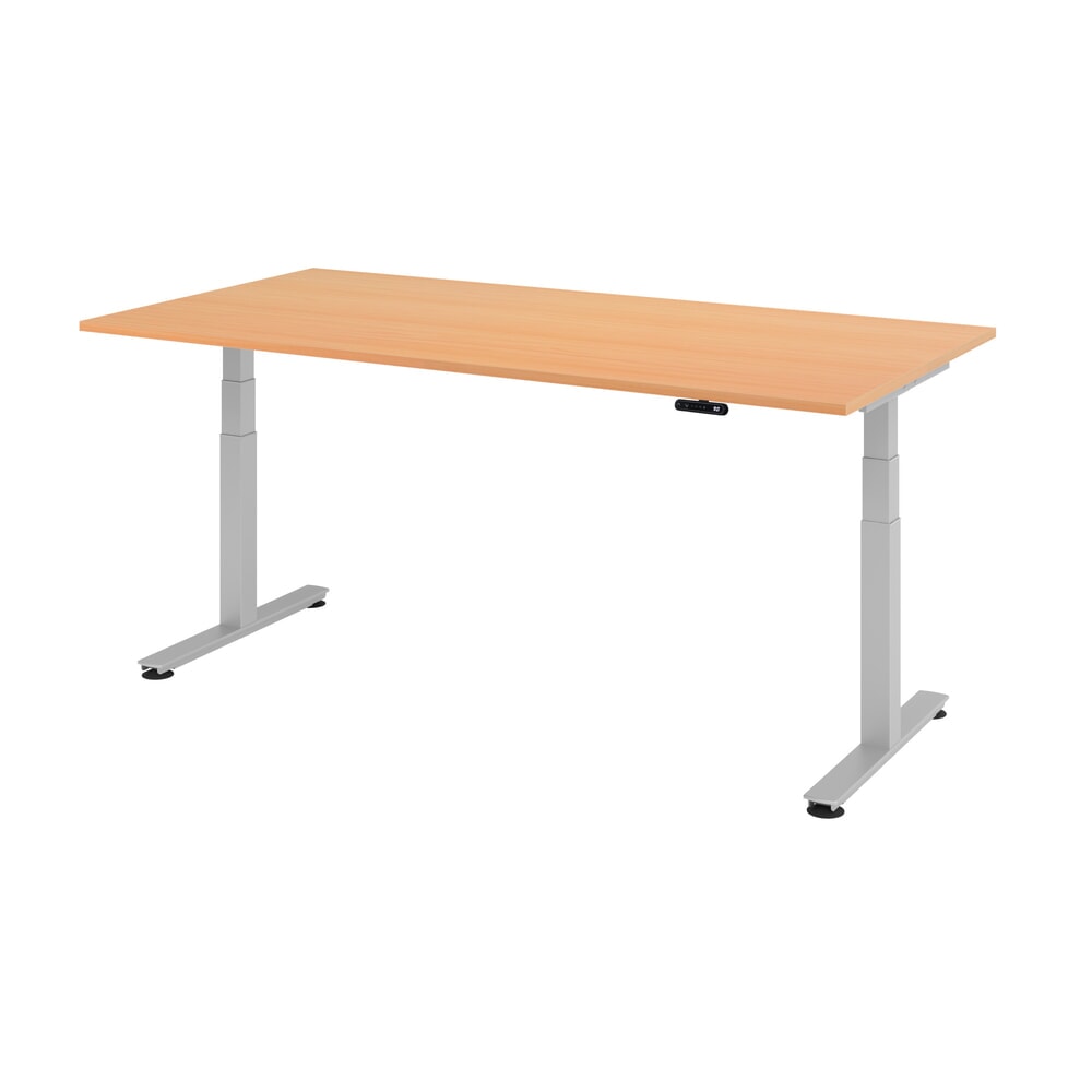 Hammerbacher Elektrisch höhenverstellbarer Schreibtisch 2-stufig, Memory-Schalter, T-Fuß, BxT 2.000 x 1.000 mm, Buche, silber