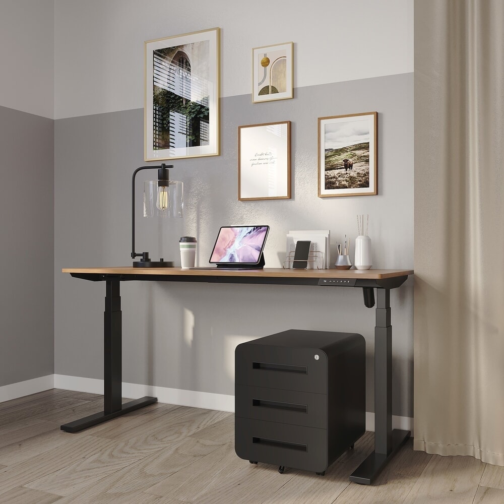 BISLEY Büromöbel-Set Easy Starter, elektrisch höhenverstellbarer Tisch 160 x 80 cm, schwarz, walnuss, Rollcontainer schwarz mit 3 Schubladen