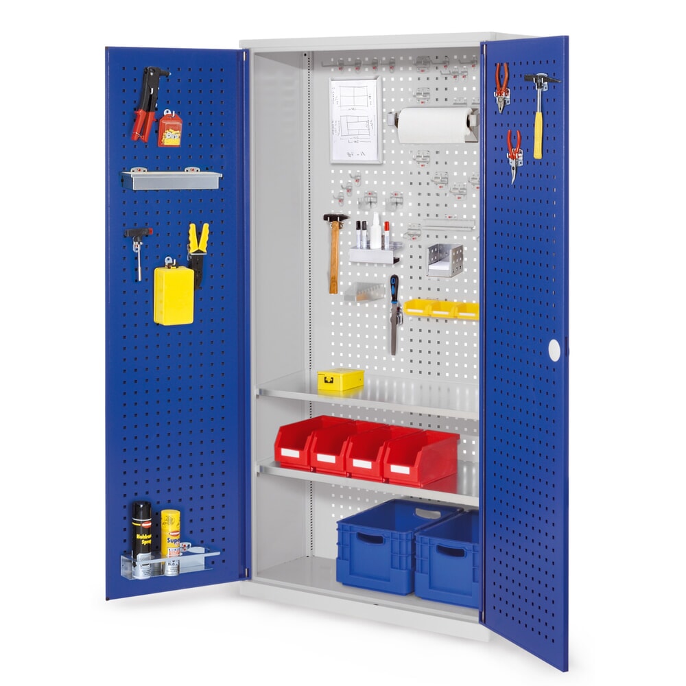 Kappes RasterPlan Werkzeugschrank, HxBxT 1.950 x 1.000 x 410 mm, 2 Fachböden, Türinnenseite Lochplatten, lichtgrau, enzianblau