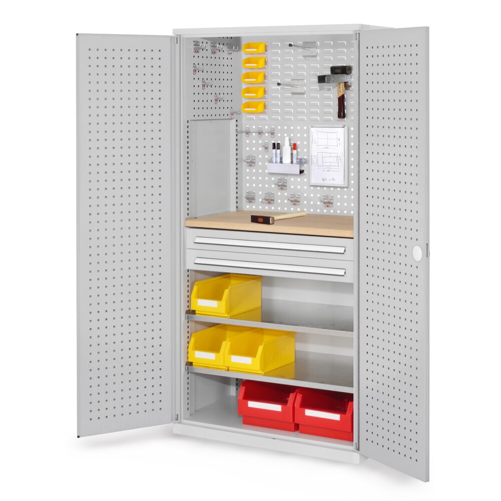 Kappes RasterPlan Schubladenschrank mit Werkbankplatte Multiplex, HxBxT 1.950 x 1.000 x 600 mm, 2 Fachböden, 2 Schubladen, Türinnenseite: Lochplatten, lichtgrau