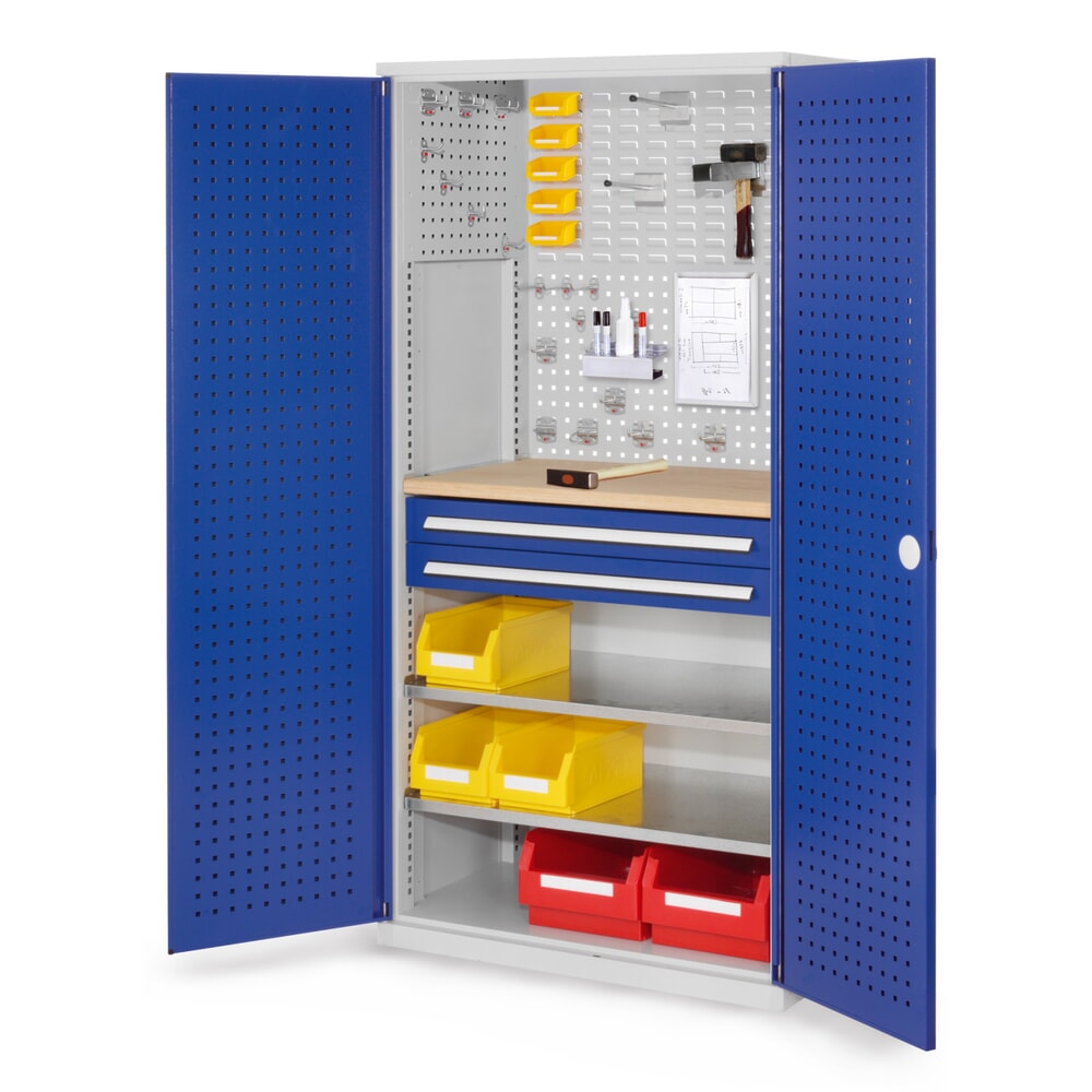 Kappes RasterPlan Schubladenschrank mit Werkbankplatte Multiplex, HxBxT 1.950 x 1.000 x 600 mm, 2 Fachböden, 2 Schubladen, Türinnenseite: Lochplatten, lichtgrau, enzianblau