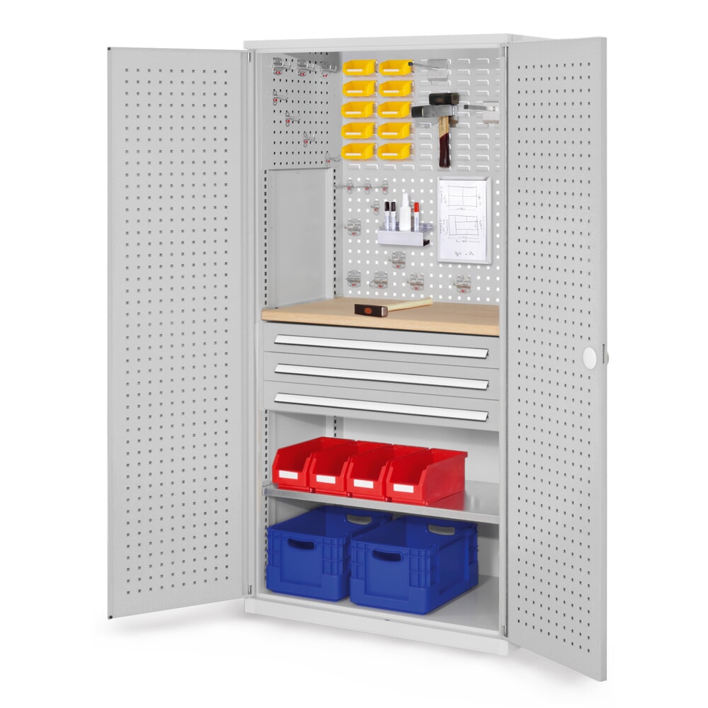 Kappes RasterPlan Schubladenschrank mit Werkbankplatte Multiplex, HxBxT 1.950 x 1.000 x 600 mm, 1 Fachboden, 3 Schubladen, Türinnenseite: Lochplatten, lichtgrau