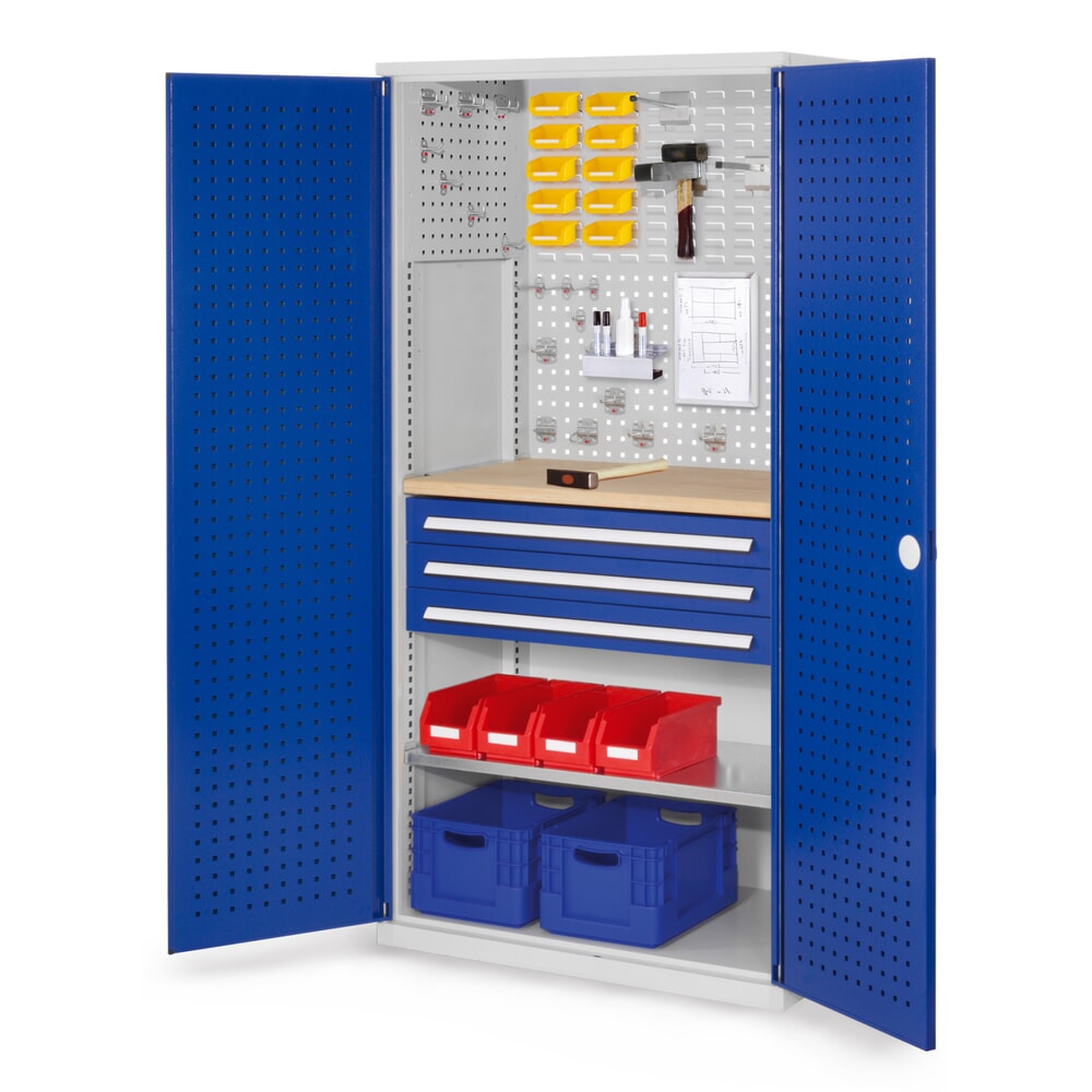 Kappes RasterPlan Schubladenschrank mit Werkbankplatte Multiplex, HxBxT 1.950 x 1.000 x 600 mm, 1 Fachboden, 3 Schubladen, Türinnenseite: Lochplatten, lichtgrau, enzianblau