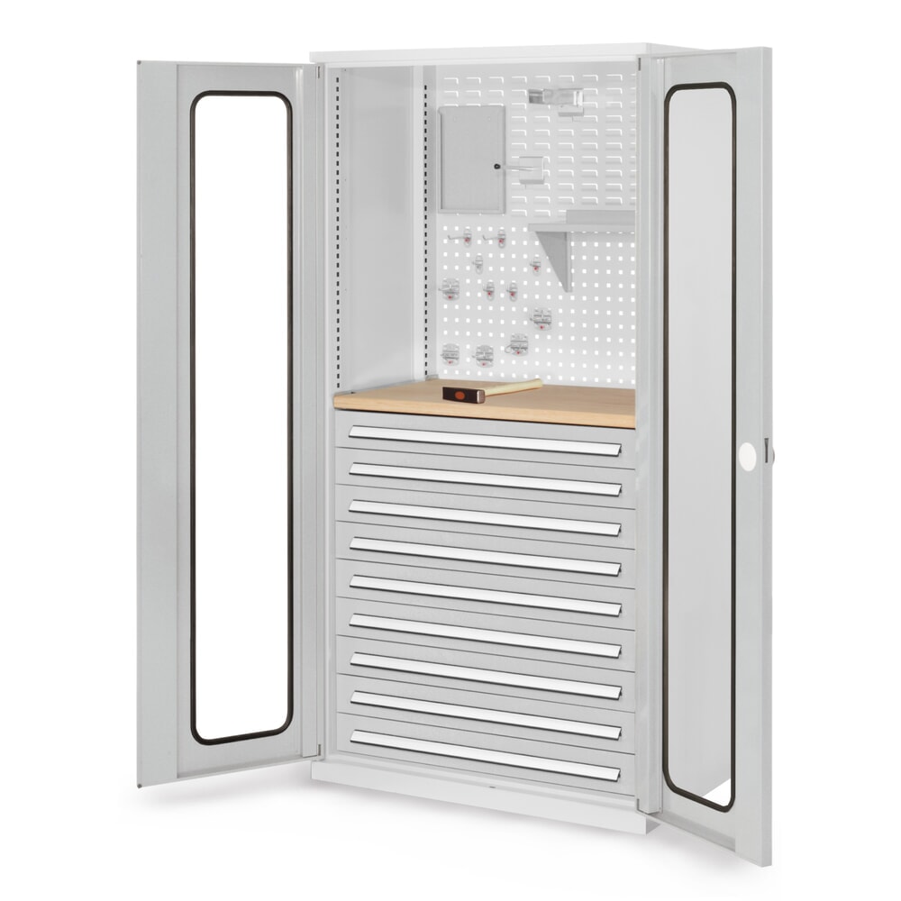 Kappes RasterPlan Schubladenschrank mit Werkbankplatte Multiplex, HxBxT 1.950 x 1.000 x 600 mm, Sichtfenstertür, 9 Schubladen, lichtgrau