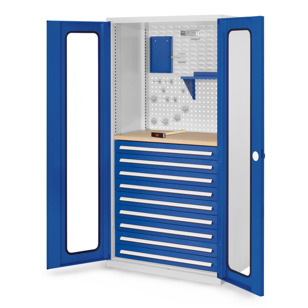 Kappes RasterPlan Schubladenschrank mit Werkbankplatte Multiplex, HxBxT 1.950 x 1.000 x 600 mm, Sichtfenstertür, 9 Schubladen, lichtgrau, enzianblau