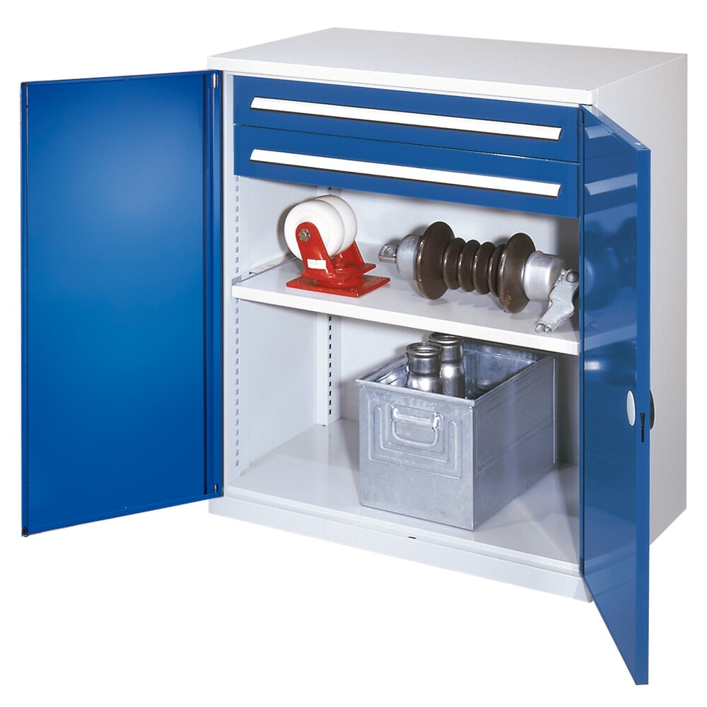 Kappes Schwerlast-Beistellschrank mit Schubladen, Doppelwandtür, HxBxT 1.110 x 1.000 x 600 mm, 1 Boden, 2 Schubladen (H 100 mm), lichtgrau, enzianblau