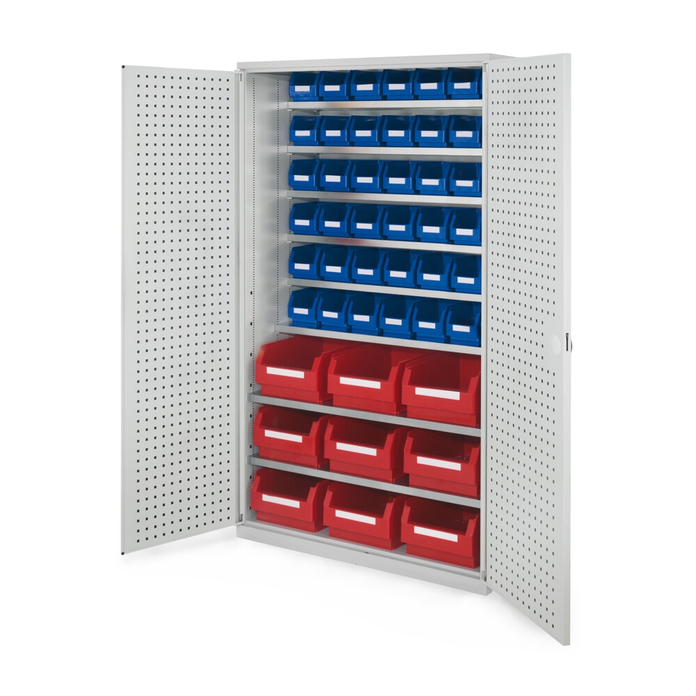 Kappes Magazinschrank mit Fachböden, HxBxT 1.950 x 1.130 x 590 mm, 8 Stück, RasterPlan Lochplattentür, 51 Lagersichtkästen, lichtgrau