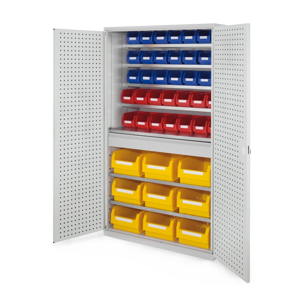 Kappes Magazinschrank mit Schubladen, 1.950 x 1.130 x 590 mm, 7 Böden, 1 Schublade, 44 Lagersichtkästen, RasterPlan Lochplattentür, lichtgrau