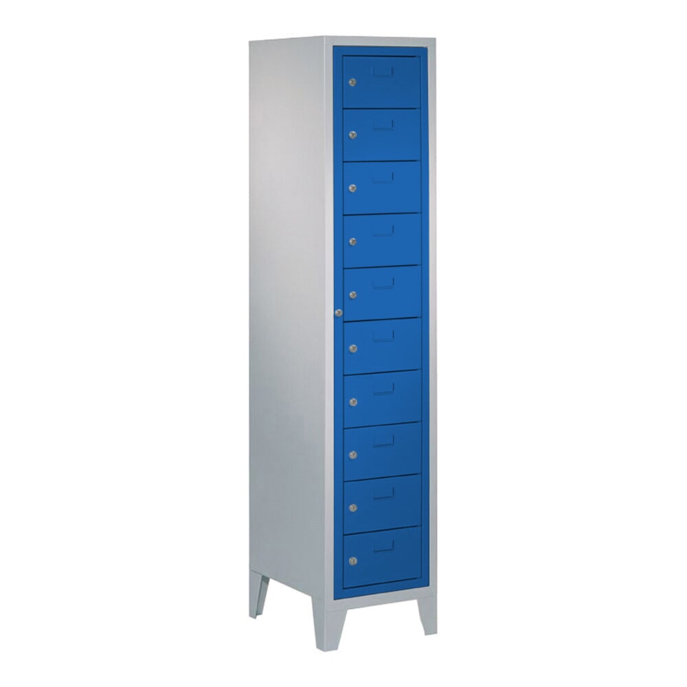 PAVOY Schliessfachschrank mit Zentraltür, 1 x 10 Fächer, HxBxT 1.850 x 400 x 500 mm, mit Füssen, enzianblau, lichtgrau