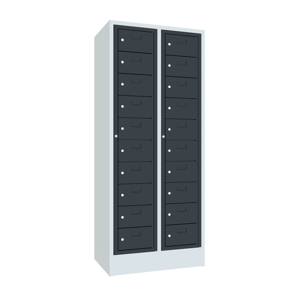 PAVOY Schliessfachschrank mit Zentraltür, 2 x 10 Fächer, HxBxT 1.850 x 770 x 500 mm, mit Sockel, anthrazitgrau, lichtgrau