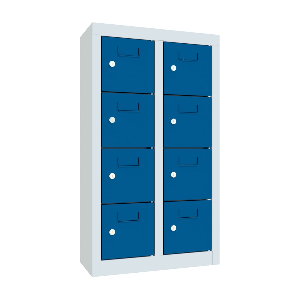 PAVOY Kleinfachschrank, 8 Fächer, HxBxT 815 x 460 x 200 mm, mit Etikettenrahmen, enzianblau, lichtgrau