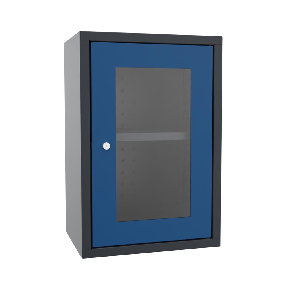 PAVOY Hängeschrank mit Sichtfenster, HxBxT 600 x 400 x 300 mm, Lochrückwand, enzianblau, anthrazitgrau