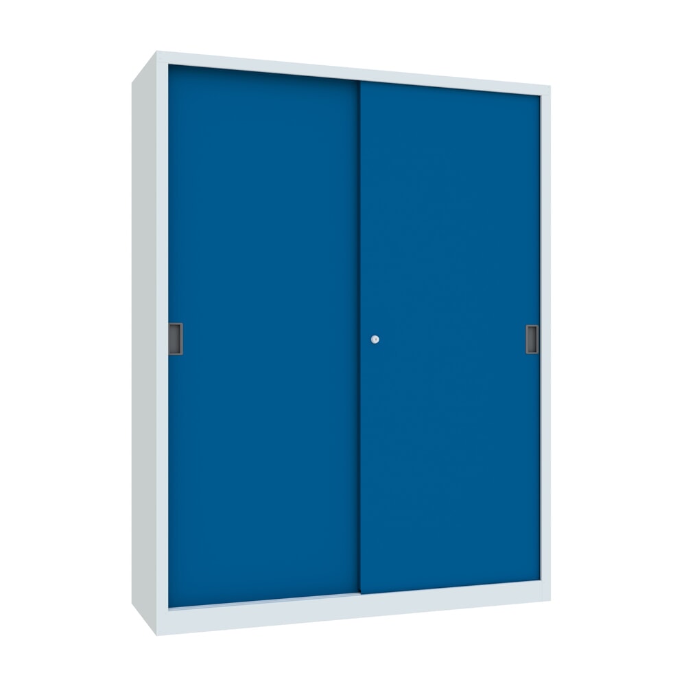 PAVOY Schiebetürenschrank mit 8 Fachböden + Trennwand, HxBxT 1.950 x 1.500 x 500 mm, enzianblau, lichtgrau