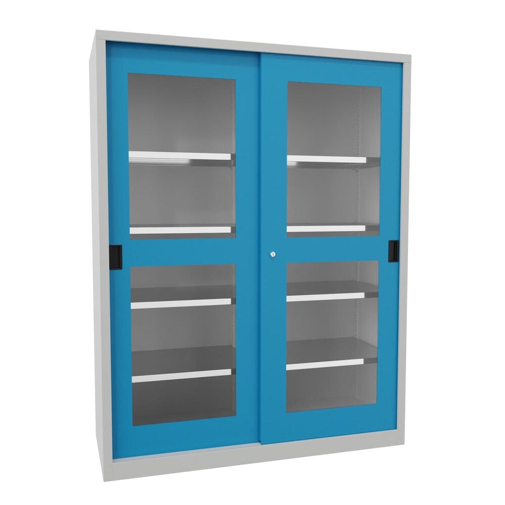 PAVOY Schiebetürenschrank mit Sichtfenstern, 8 Fachböden + Trennwand, HxBxT 1.950 x 1.500 x 600 mm, lichtblau, lichtgrau