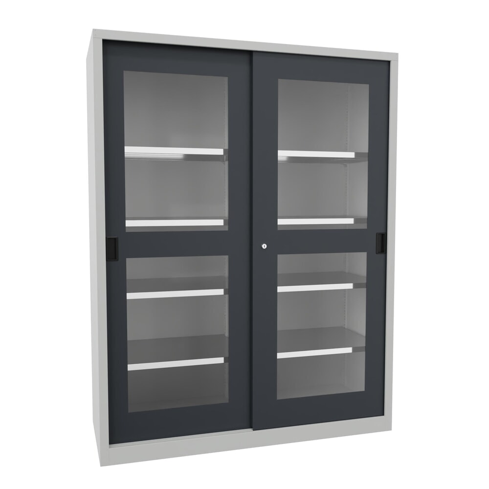 PAVOY Schiebetürenschrank mit Sichtfenstern, 8 Fachböden + Trennwand, HxBxT 1.950 x 1.500 x 600 mm, anthrazitgrau, lichtgrau