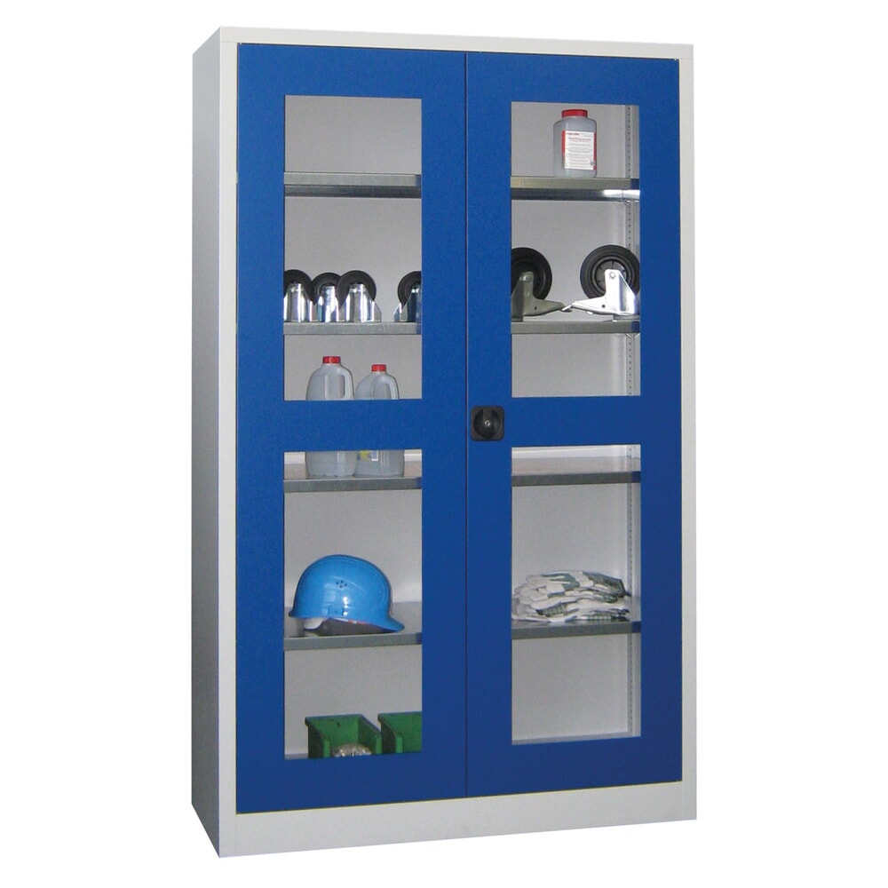 PAVOY Flügeltürschrank mit Sichtfenstern, HxBxT 1.950 x 1.200 x 500 mm, enzianblau, lichtgrau