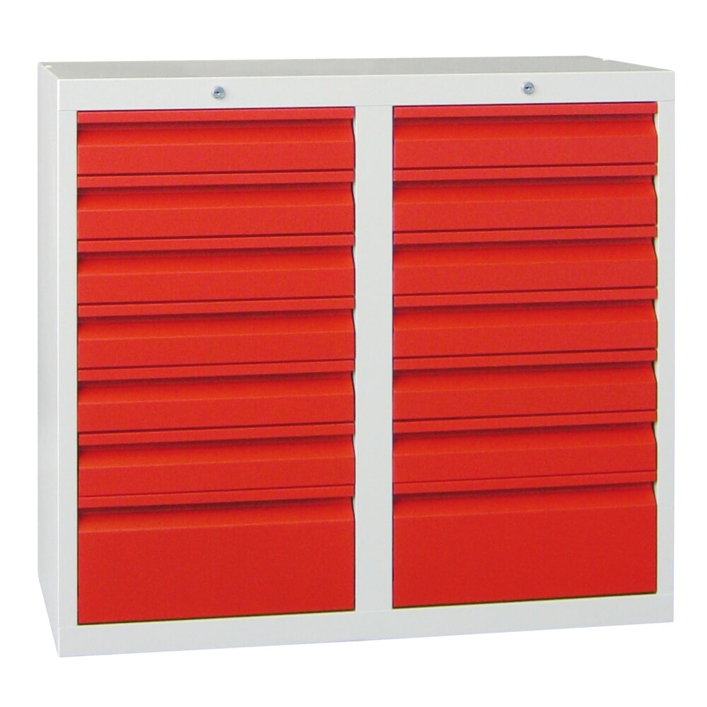 PAVOY Leichter Schubladenschrank, Gleitführung, Schubladen 12x100 + 2x200 mm, Breite 1.000 mm, feuerrot, lichtgrau