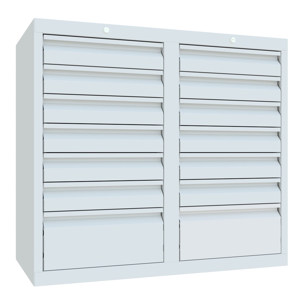 PAVOY Leichter Schubladenschrank, Gleitführung, Schubladen 12x100 + 2x200 mm, Breite 1.000 mm, lichtgrau, lichtgrau