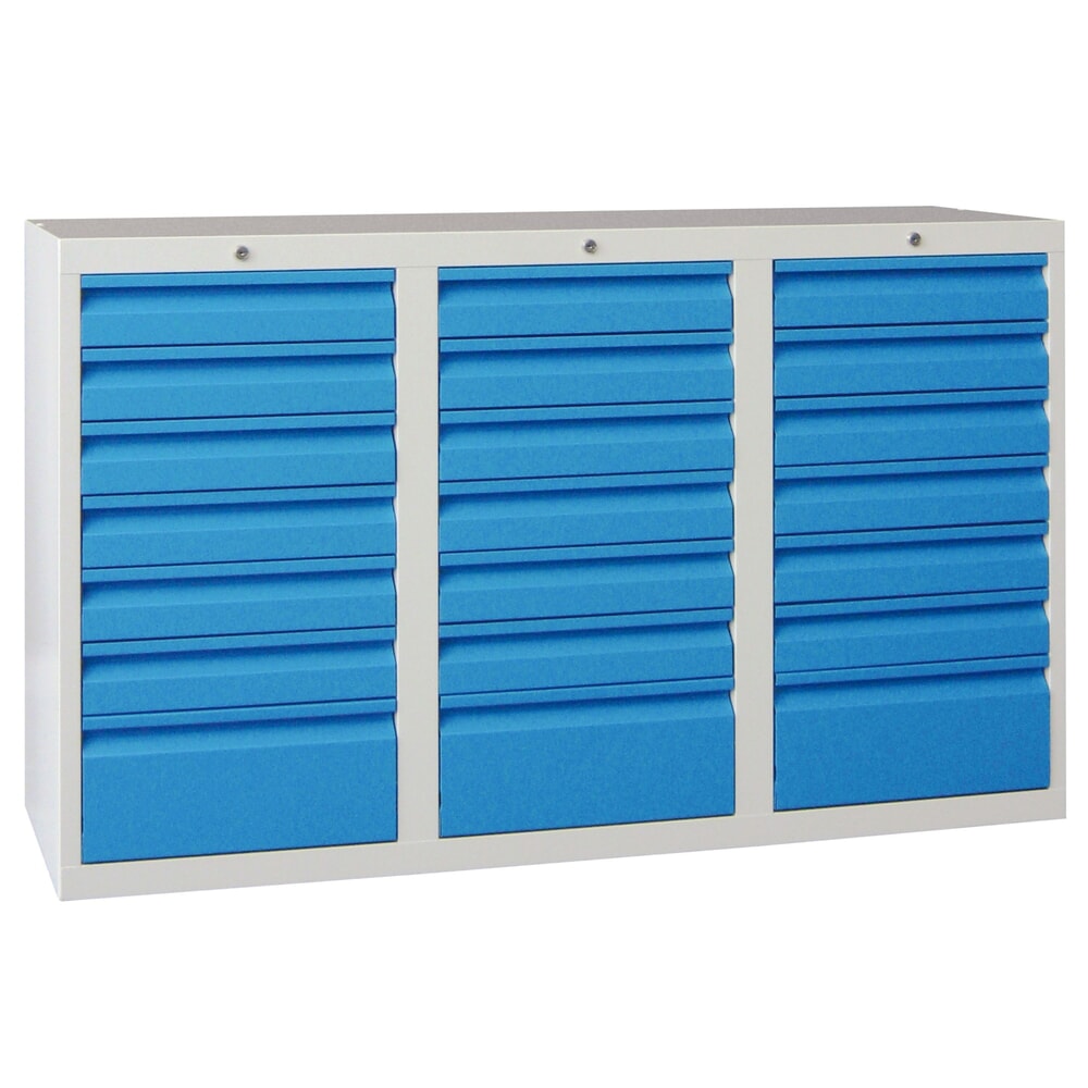 PAVOY Leichter Schubladenschrank, Gleitführung, Schubladen 18x100 + 3x200 mm, Breite 1.500 mm, himmelblau, lichtgrau