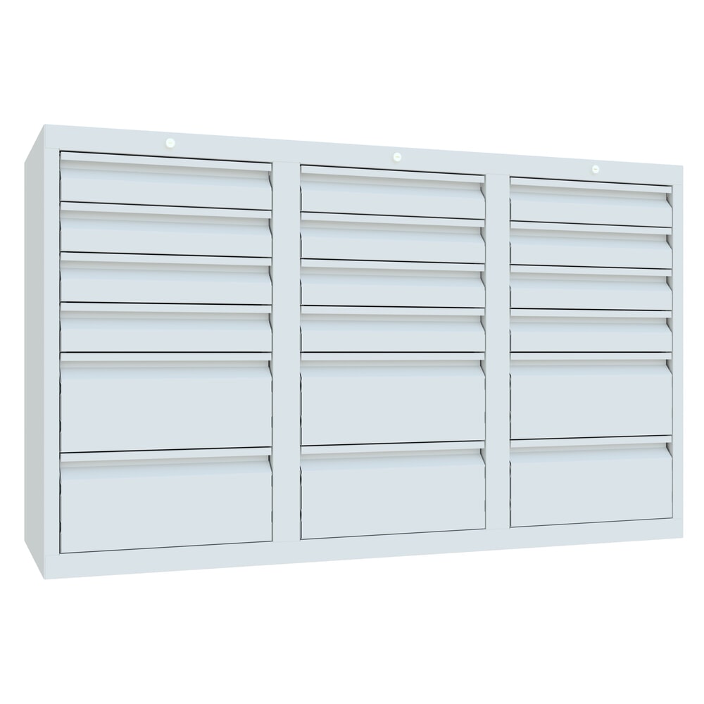 PAVOY Leichter Schubladenschrank, Gleitführung, Schubladen 12x100 + 6x200 mm, Breite 1.500 m, lichtgrau, lichtgrau