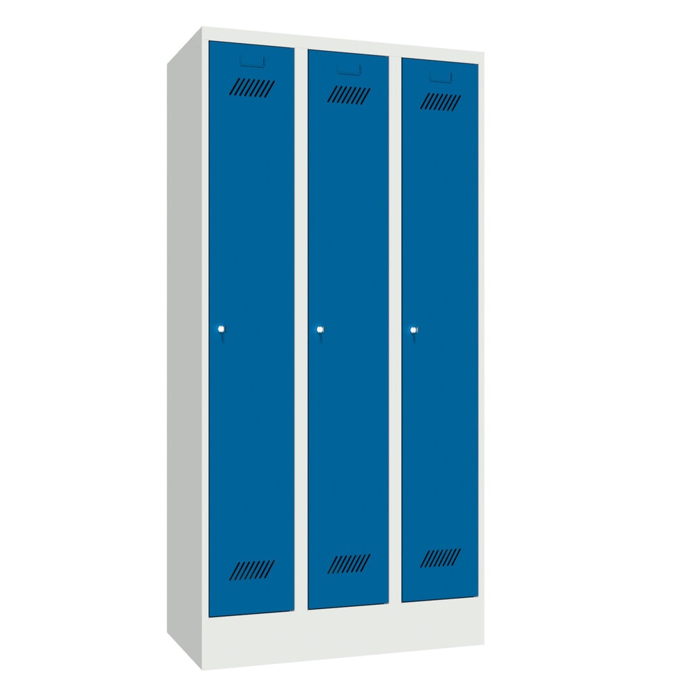PAVOY Kleiderspind mit Sockel + Zylinderschloss, 3 Abteile, HxBxT 1.850 x 900 x 500 mm, enzianblau, lichtgrau