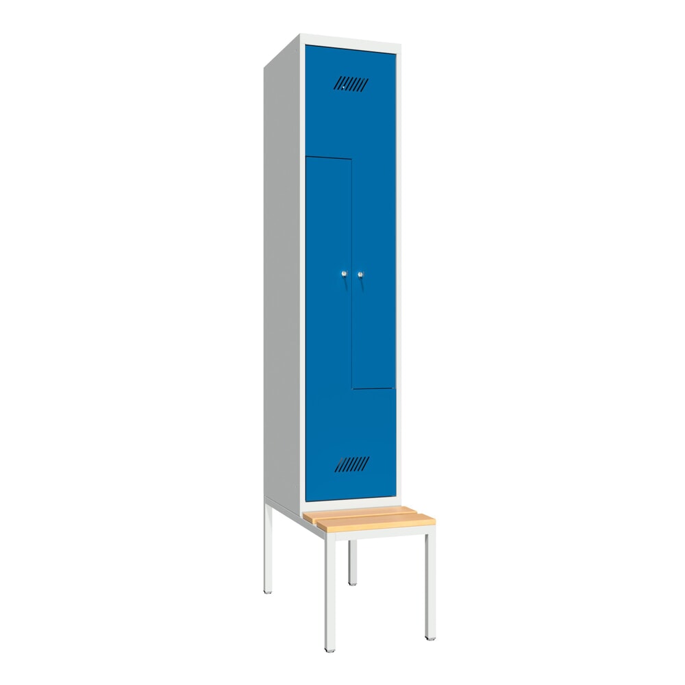 PAVOY Z-Spind mit Sitzbank, 1 Abteil, 2 Fächer, Zylinderschloss, lichtgrau, enzianblau, Buche