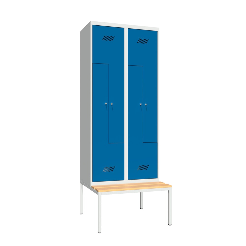 PAVOY Z-Spind mit Sitzbank, 2 Abteile, 4 Fächer, Zylinderschloss, lichtgrau, enzianblau, Buche