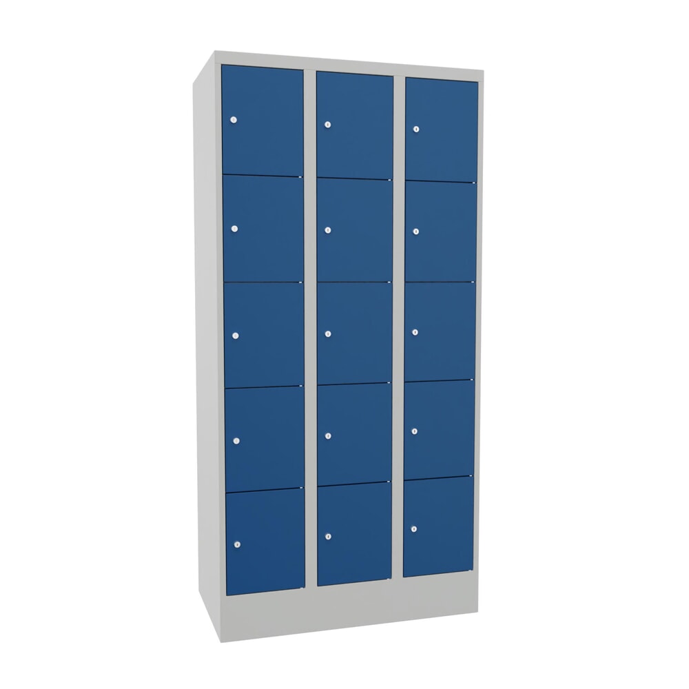 PAVOY Schliessfachschrank mit Zylinderschloss, 3 x 5 Fächer, HxBxT 1.850 x 900 x 500 mm, enzianblau, lichtgrau