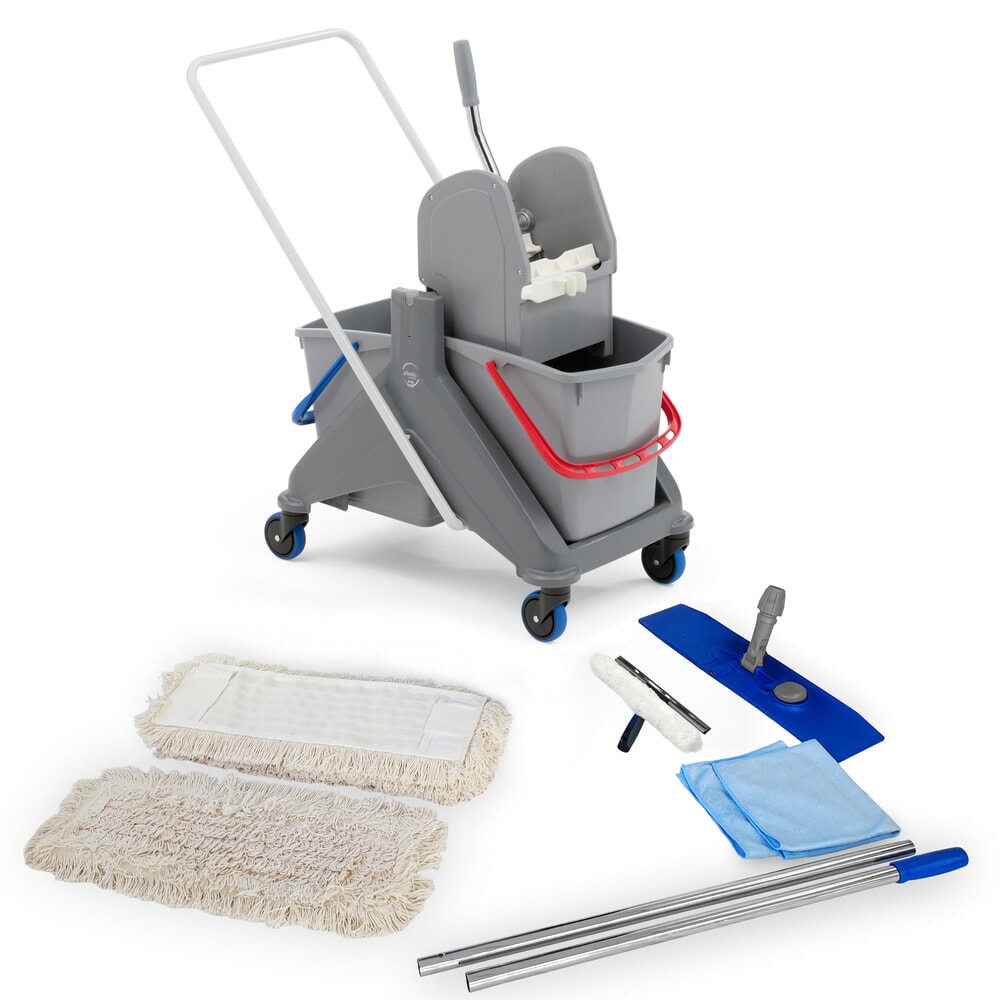 Steinbock® Reinigungswagen-Profi-Set, Doppel-Fahreimer 2x 15 Liter, 5x Baumwollmopp 500 mm, 2-teiliger Chromstiel, Klapphalter, 2x Mikrofasertuch und Kombi-Fensterwischer