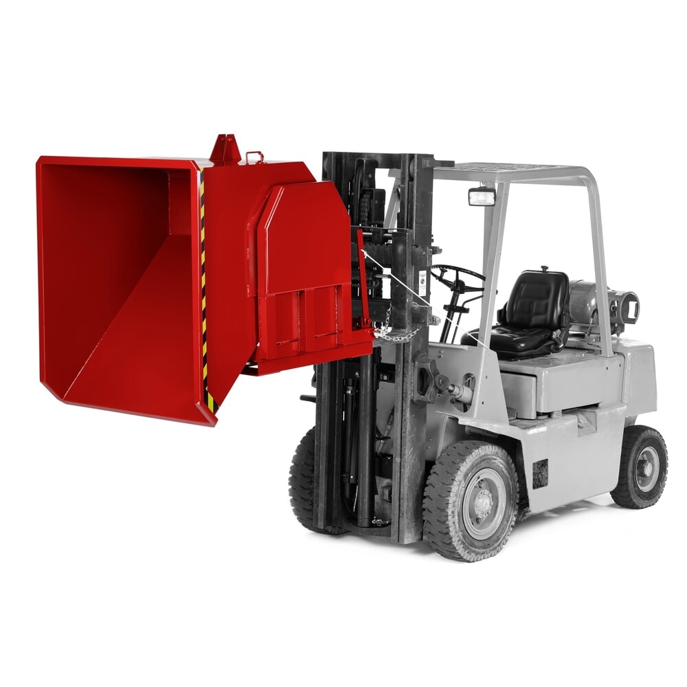 RR-Industrietechnik® Schwerlast-Kippbehälter mit seitlicher Kippführung, Volumen 0,3 m³, Tragfähigkeit 1500 kg, RAL 3000 feuerrot