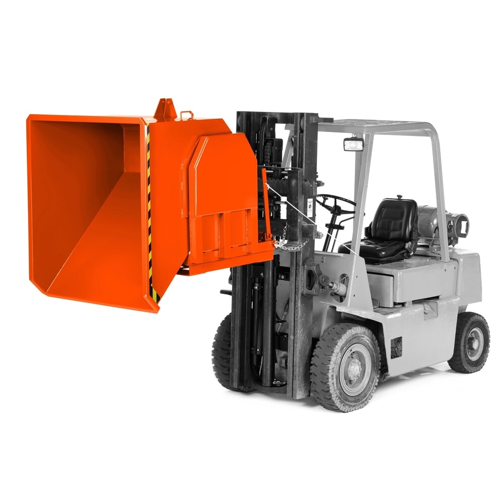 RR-Industrietechnik® Schwerlast-Kippbehälter mit seitlicher Kippführung, Volumen 0,3 m³, Tragfähigkeit 1500 kg, RAL 2004 reinorange