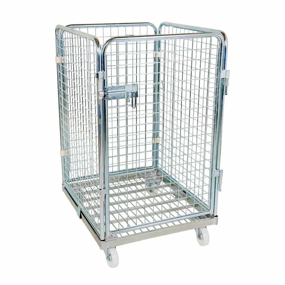 rolltainer® 4-seitiger Rollbehälter, Metall-Rollplatte, einteilige Vorderwand, verzinkte Feingitter-Wände, HxBxT 1.210 x 724 x 815 mm
