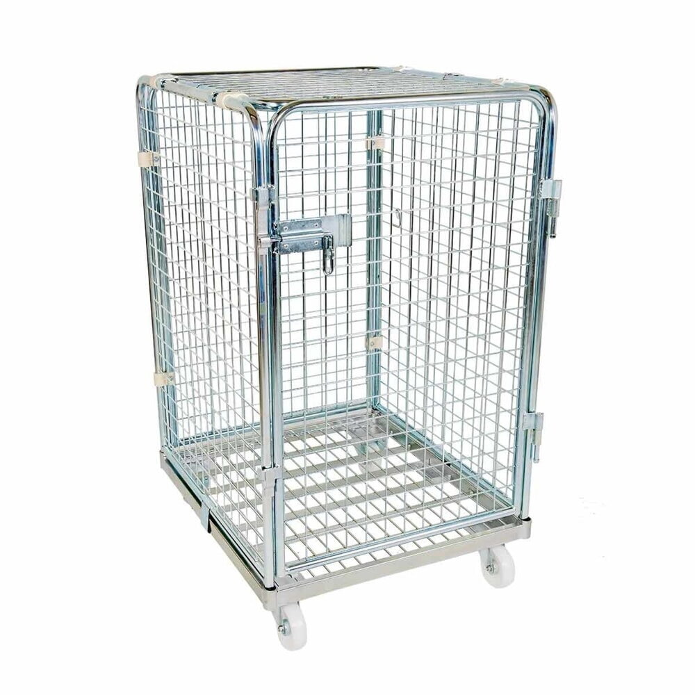 rolltainer® Antidiebstahl Rollbehälter, 5-seitig, Metall-Rollplatte, verzinkte Feingitter-Wände, HxBxT 1.220 x 724 x 815 mm, einteilige Vorderwand, ohne Zwischenboden